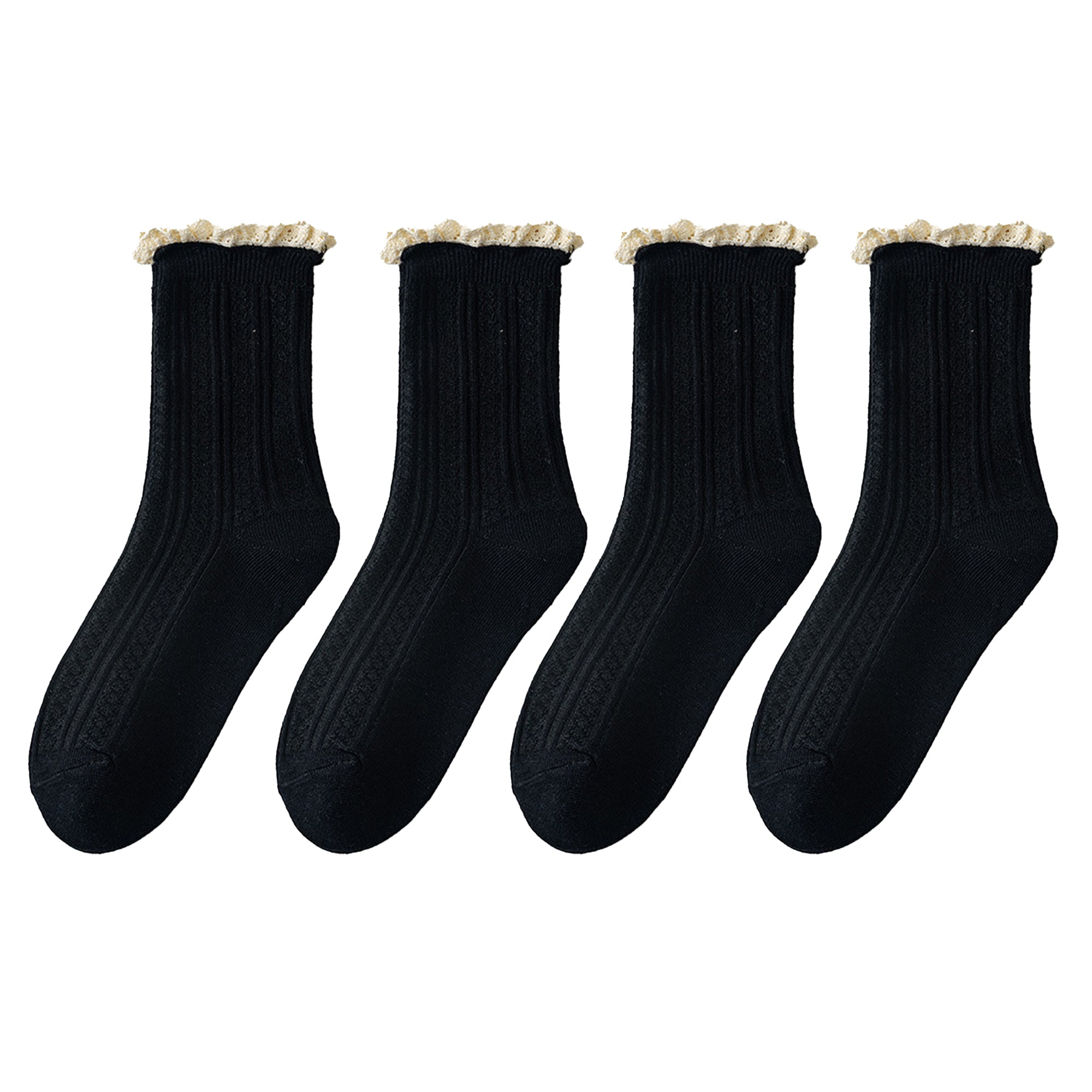 Anna-Kaci Women's 4 Pairs Knit Socks with Ribbed Texture Lace Ruffle Trim Ribbed Cuffs Soft Stretch Fabric