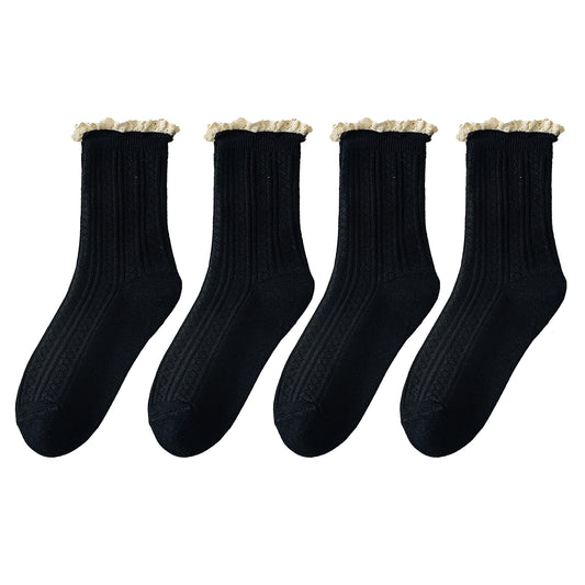 Anna-Kaci Women's 4 Pairs Knit Socks with Ribbed Texture Lace Ruffle Trim Ribbed Cuffs Soft Stretch Fabric