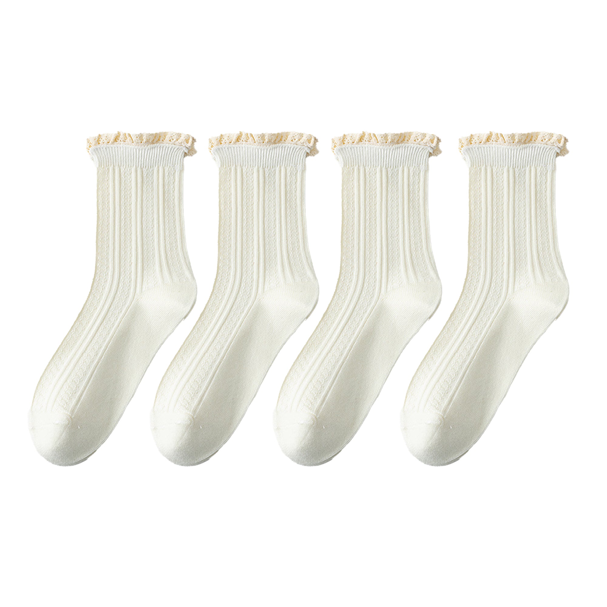 Anna-Kaci Women's 4 Pairs Knit Socks with Ribbed Texture Lace Ruffle Trim Ribbed Cuffs Soft Stretch Fabric