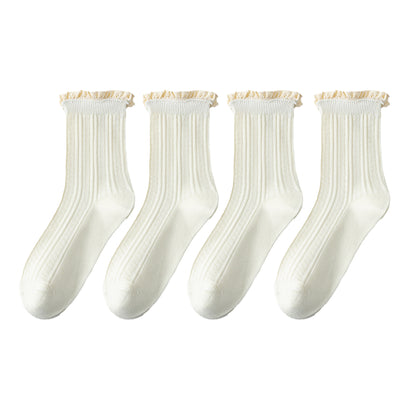 Anna-Kaci Women's 4 Pairs Knit Socks with Ribbed Texture Lace Ruffle Trim Ribbed Cuffs Soft Stretch Fabric
