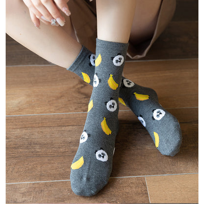Anna-Kaci Women's 3 Pairs Knit Socks with Cute Cartoon Fruit and Animal Patterns Soft Stretch Fabric Ribbed Cuffs
