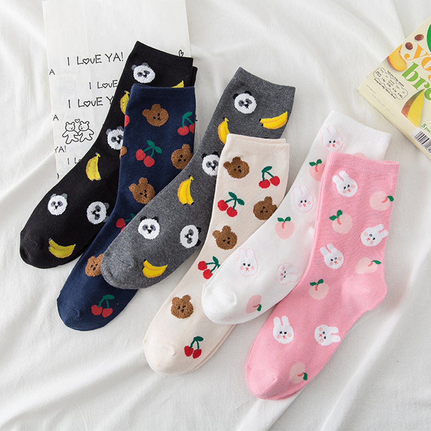 Anna-Kaci Women's 3 Pairs Knit Socks with Cute Cartoon Fruit and Animal Patterns Soft Stretch Fabric Ribbed Cuffs