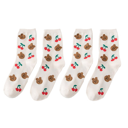 Anna-Kaci Women's 3 Pairs Knit Socks with Cute Cartoon Fruit and Animal Patterns Soft Stretch Fabric Ribbed Cuffs