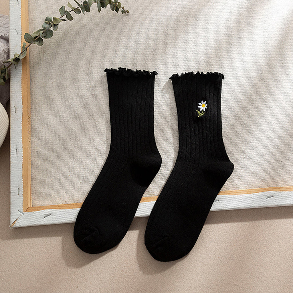 Anna-Kaci Women's 4 Pairs Ribbed Knit Socks with Daisy Embroidery Lettuce Edge Cuffs Soft Stretch Fabric