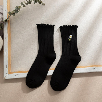 Anna-Kaci Women's 4 Pairs Ribbed Knit Socks with Daisy Embroidery Lettuce Edge Cuffs Soft Stretch Fabric