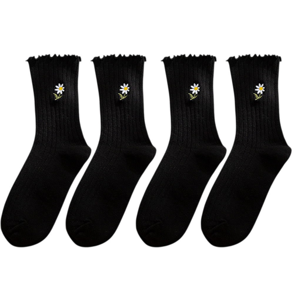 Anna-Kaci Women's 4 Pairs Ribbed Knit Socks with Daisy Embroidery Lettuce Edge Cuffs Soft Stretch Fabric