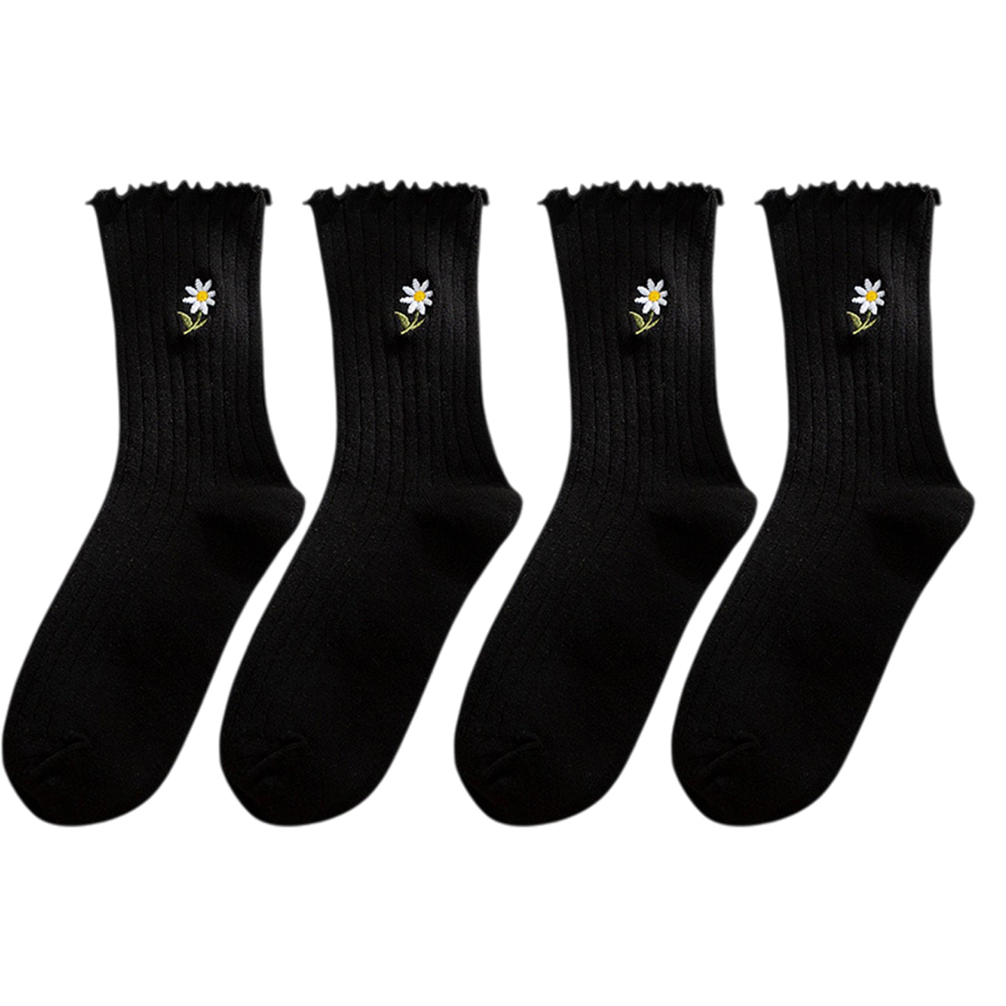 Anna-Kaci Women's 4 Pairs Ribbed Knit Socks with Daisy Embroidery Lettuce Edge Cuffs Soft Stretch Fabric