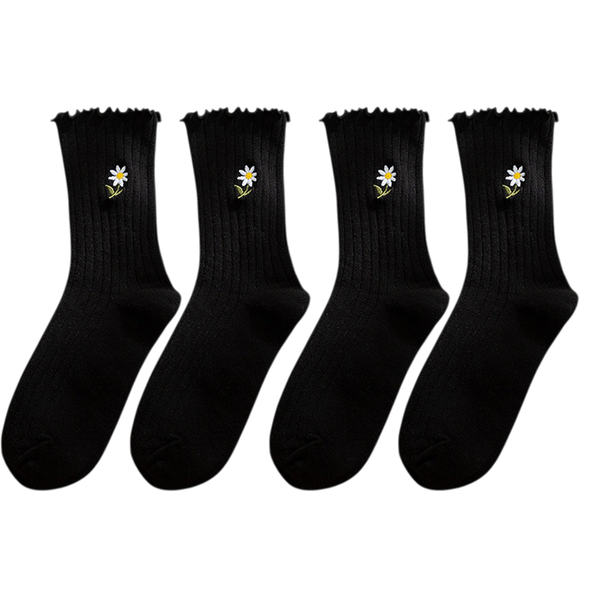 Anna-Kaci Women's 4 Pairs Ribbed Knit Socks with Daisy Embroidery Lettuce Edge Cuffs Soft Stretch Fabric