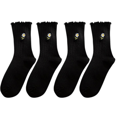 Anna-Kaci Women's 4 Pairs Ribbed Knit Socks with Daisy Embroidery Lettuce Edge Cuffs Soft Stretch Fabric