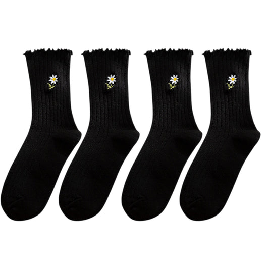 Anna-Kaci Women's 4 Pairs Ribbed Knit Socks with Daisy Embroidery Lettuce Edge Cuffs Soft Stretch Fabric