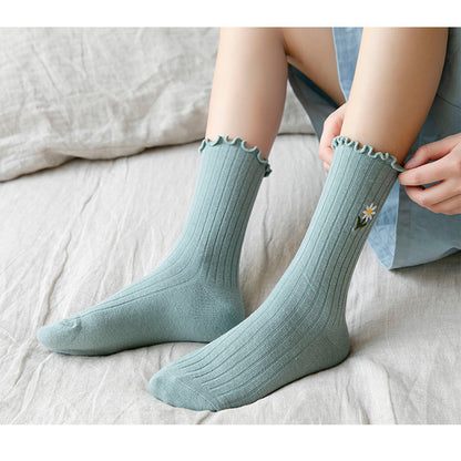 Anna-Kaci Women's 4 Pairs Ribbed Knit Socks with Daisy Embroidery Lettuce Edge Cuffs Soft Stretch Fabric