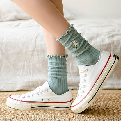 Anna-Kaci Women's 4 Pairs Ribbed Knit Socks with Daisy Embroidery Lettuce Edge Cuffs Soft Stretch Fabric