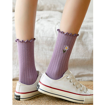 Anna-Kaci Women's 4 Pairs Ribbed Knit Socks with Daisy Embroidery Lettuce Edge Cuffs Soft Stretch Fabric