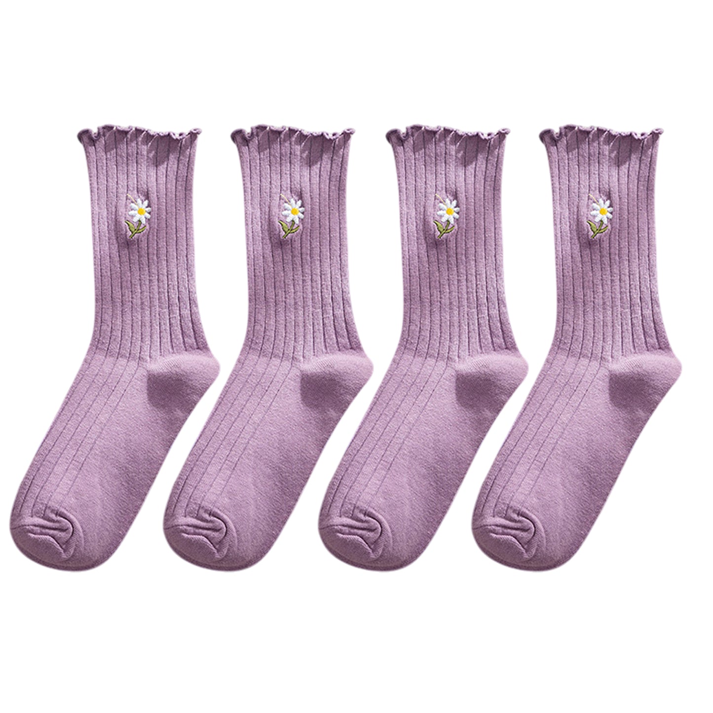 Anna-Kaci Women's 4 Pairs Ribbed Knit Socks with Daisy Embroidery Lettuce Edge Cuffs Soft Stretch Fabric