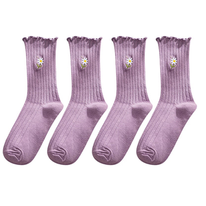 Anna-Kaci Women's 4 Pairs Ribbed Knit Socks with Daisy Embroidery Lettuce Edge Cuffs Soft Stretch Fabric