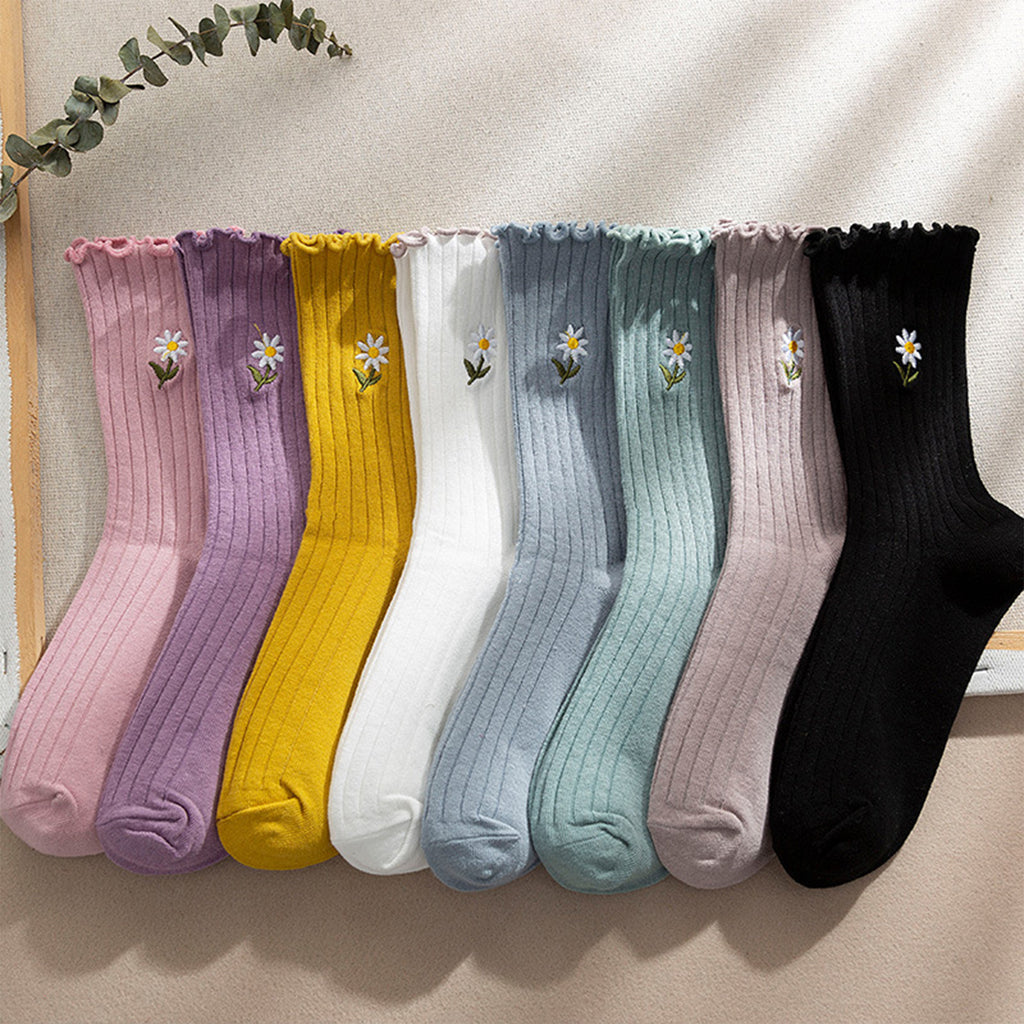 Anna-Kaci Women's 4 Pairs Ribbed Knit Socks with Daisy Embroidery Lettuce Edge Cuffs Soft Stretch Fabric