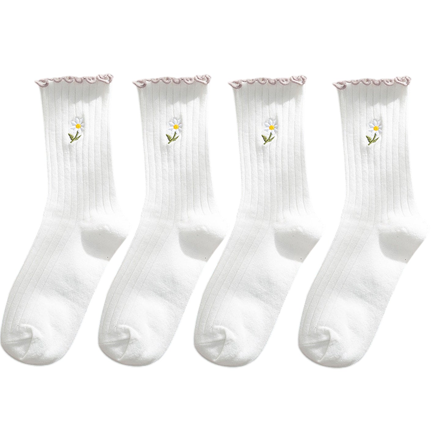 Anna-Kaci Women's 4 Pairs Ribbed Knit Socks with Daisy Embroidery Lettuce Edge Cuffs Soft Stretch Fabric