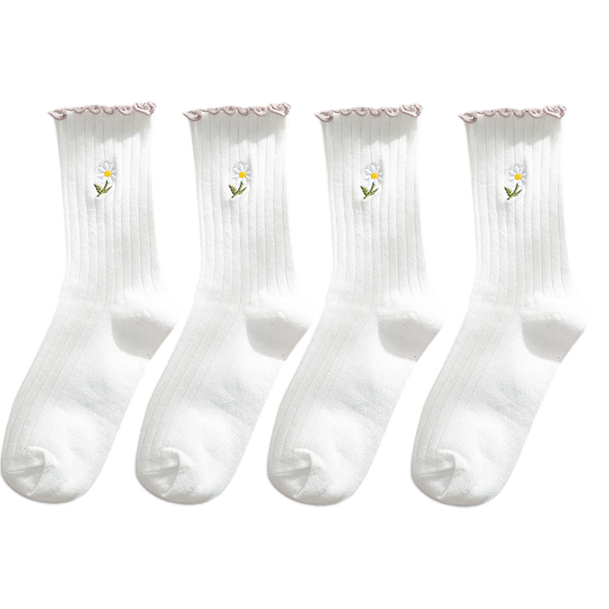 Anna-Kaci Women's 4 Pairs Ribbed Knit Socks with Daisy Embroidery Lettuce Edge Cuffs Soft Stretch Fabric