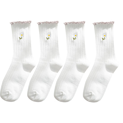 Anna-Kaci Women's 4 Pairs Ribbed Knit Socks with Daisy Embroidery Lettuce Edge Cuffs Soft Stretch Fabric