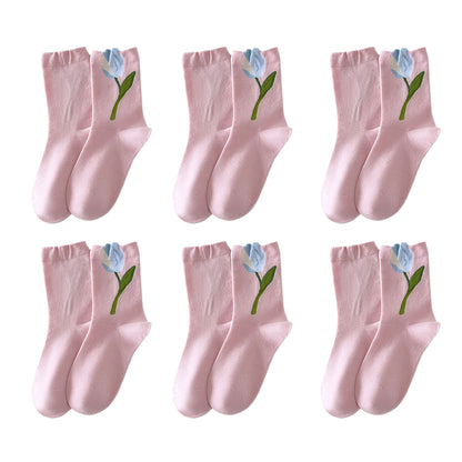 Anna-Kaci 6pk Women's Ankle Socks with Tulip Embroidery