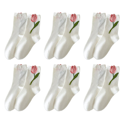 Anna-Kaci 6pk Women's Ankle Socks with Tulip Embroidery