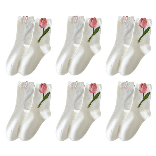 Anna-Kaci 6pk Women's Ankle Socks with Tulip Embroidery