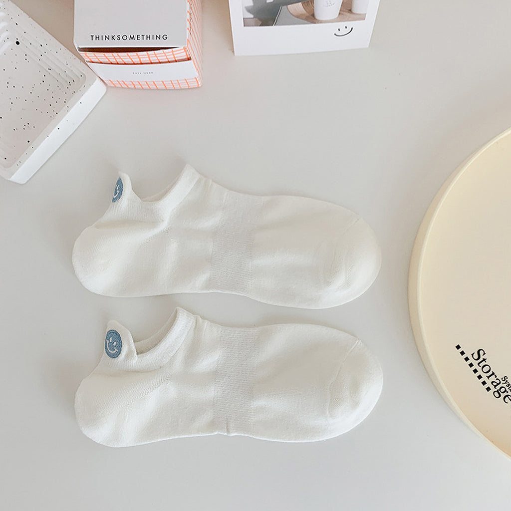Anna-Kaci Women's 6pk Cotton White No - Show Socks with Smiley Face Embroidery