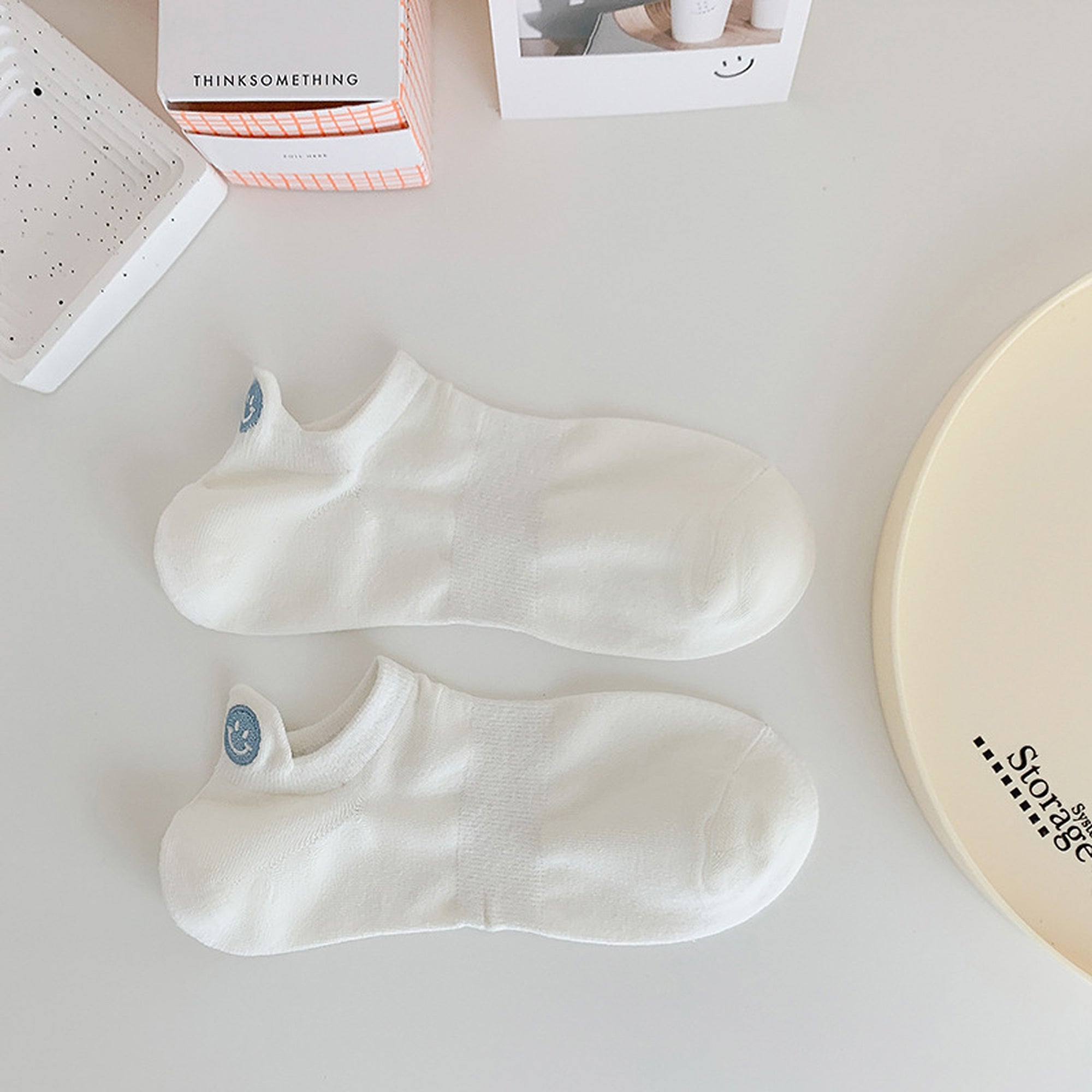 Anna-Kaci Women's 6pk Cotton White No - Show Socks with Smiley Face Embroidery