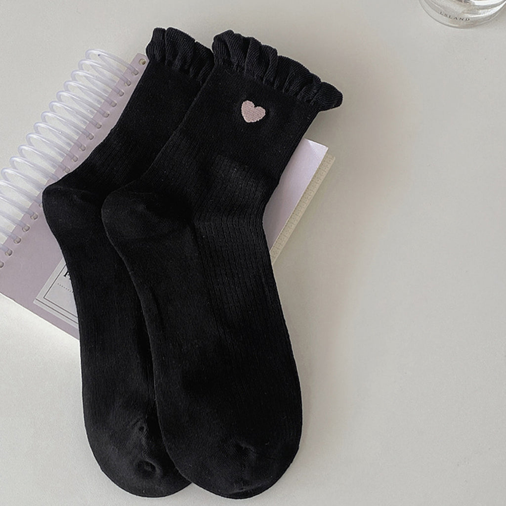 Anna-Kaci Women's 3-Pack Breathable Cotton Blend Socks with Ruffle Trim and Heart Embroidery