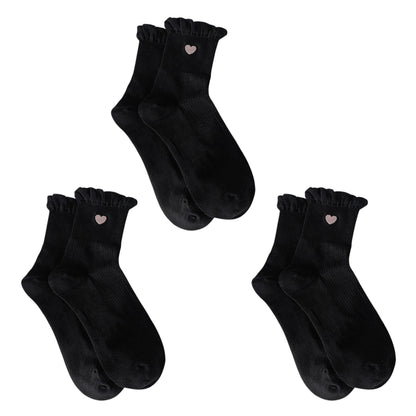 Anna-Kaci Women's 3-Pack Breathable Cotton Blend Socks with Ruffle Trim and Heart Embroidery