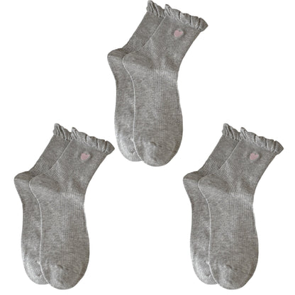 Anna-Kaci Women's 3-Pack Breathable Cotton Blend Socks with Ruffle Trim and Heart Embroidery