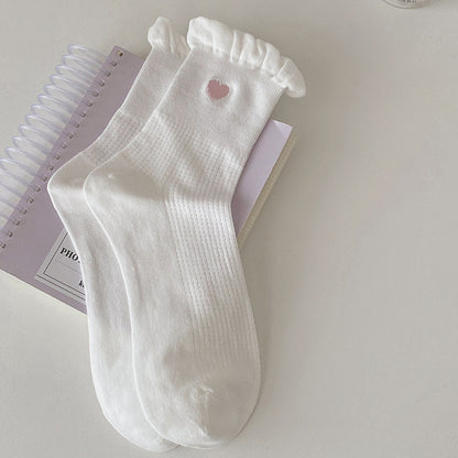 Anna-Kaci Women's 3-Pack Breathable Cotton Blend Socks with Ruffle Trim and Heart Embroidery