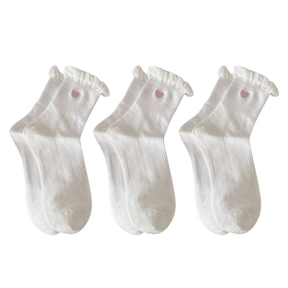 Anna-Kaci Women's 3-Pack Breathable Cotton Blend Socks with Ruffle Trim and Heart Embroidery