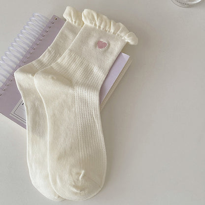 Anna-Kaci Women's 3-Pack Breathable Cotton Blend Socks with Ruffle Trim and Heart Embroidery