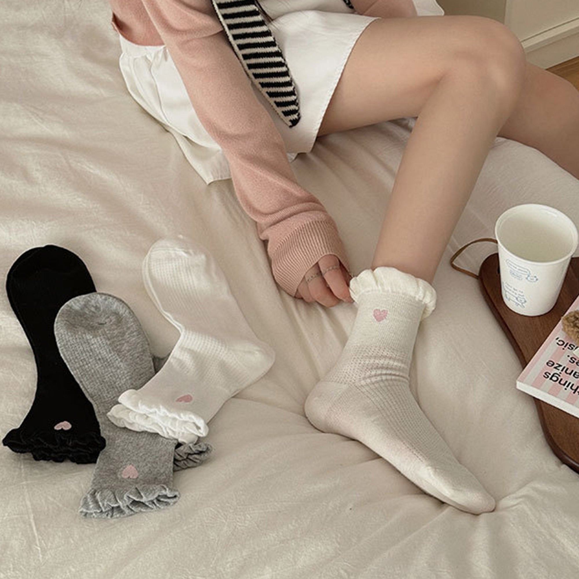 Anna-Kaci Women's 3-Pack Breathable Cotton Blend Socks with Ruffle Trim and Heart Embroidery