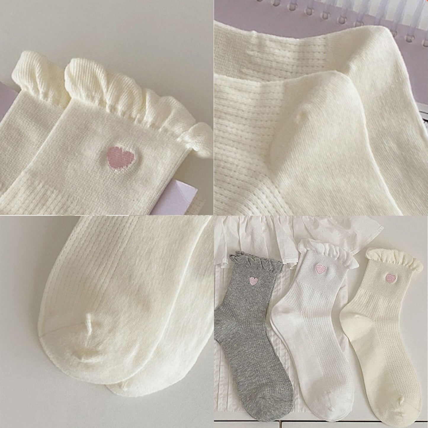 Anna-Kaci Women's 3-Pack Breathable Cotton Blend Socks with Ruffle Trim and Heart Embroidery