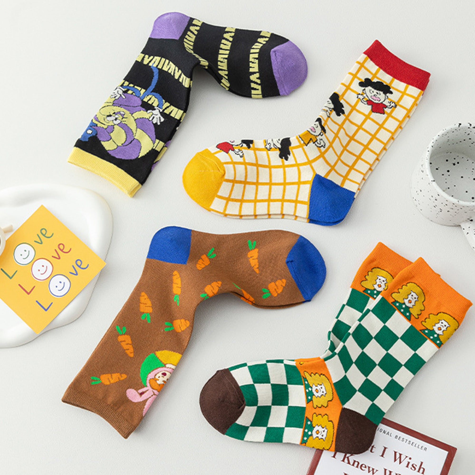 Anna-Kaci Women's Trendy Cotton Socks 2-Pack Colorful Patterned Casual Design Breathable Soft