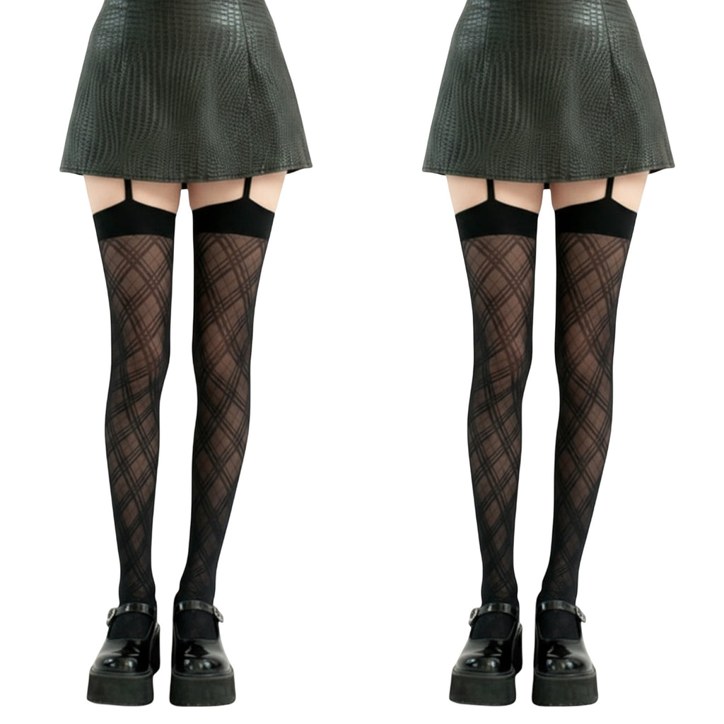 Anna-Kaci 2pcs Women's Sheer Plaid Pattern Thigh High Tights with Elastic Band Top and Garter Style Detail