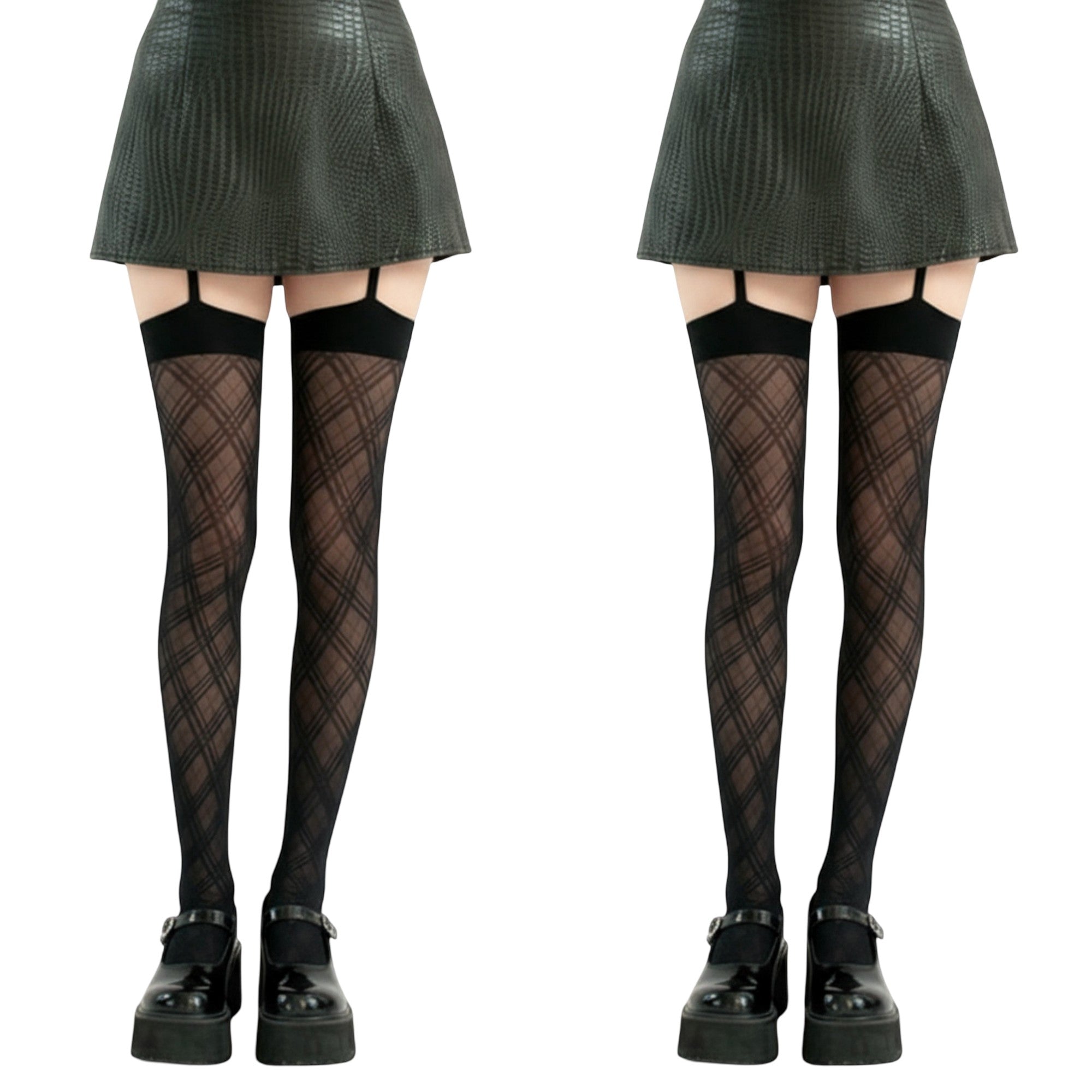 Anna-Kaci 2pcs Women's Sheer Plaid Pattern Thigh High Tights with Elastic Band Top and Garter Style Detail