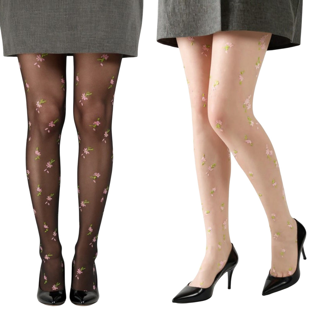 Anna-Kaci Women's Sheer Floral Embroidered Tights with Delicate Blossom Pattern and Stretch Fit
