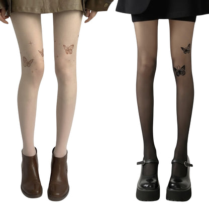 Anna-Kaci 2pcs Women's Sheer Butterfly Print Tights with Subtle Sparkle Star Accents and Stretch Fit