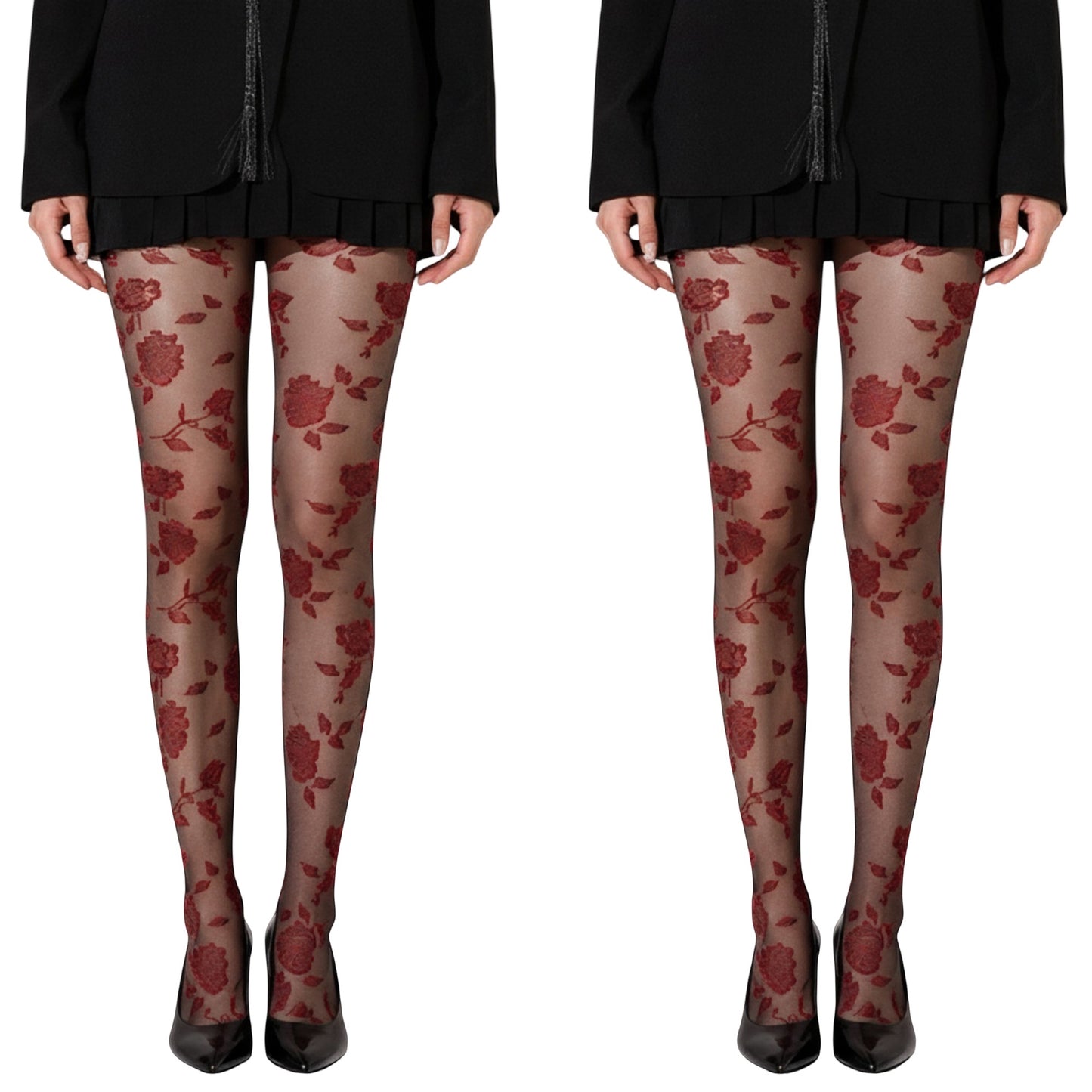 Anna-Kaci 2pcs Women's Sheer Floral Pattern Tights with Bold Rose Motif and Stretch Mesh Design