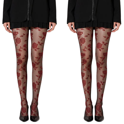 Anna-Kaci 2pcs Women's Sheer Floral Pattern Tights with Bold Rose Motif and Stretch Mesh Design