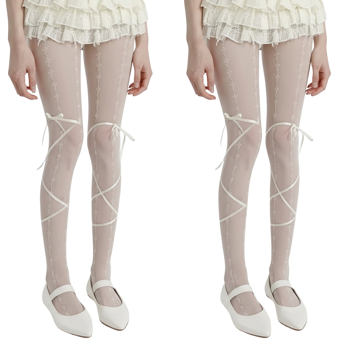 Anna-Kaci 2pcs Women's Sheer Lace Pattern Tights with Ribbon Bow Wrap Detail and Stretch Fit