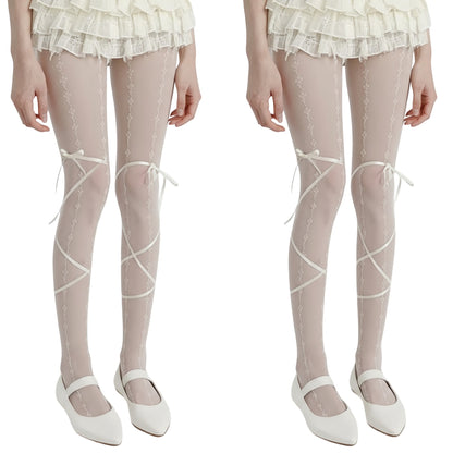Anna-Kaci 2pcs Women's Sheer Lace Pattern Tights with Ribbon Bow Wrap Detail and Stretch Fit