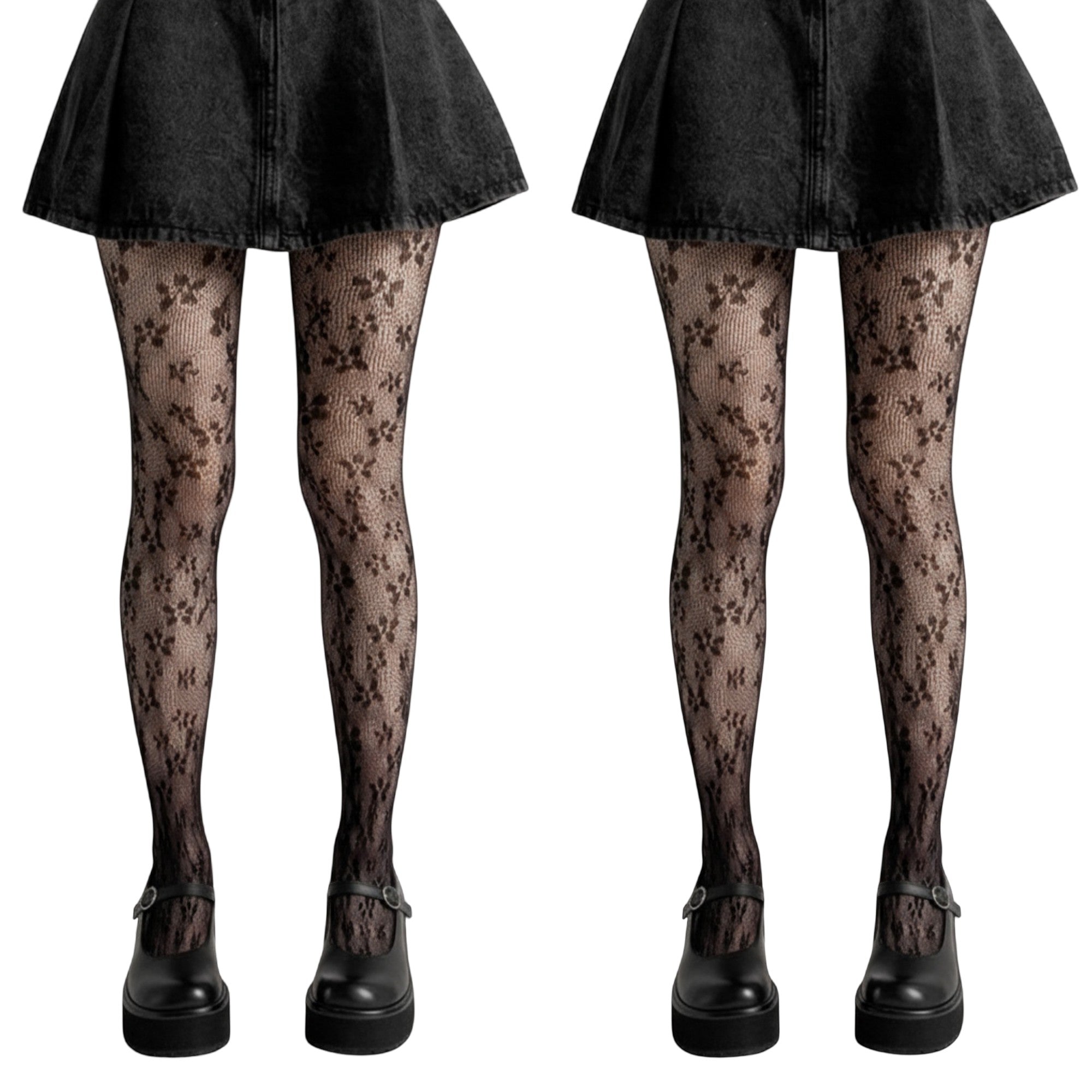 Anna-Kaci 2pcs Women's Floral Lace Pattern Tights with Sheer Mesh Texture and Stretch Fit