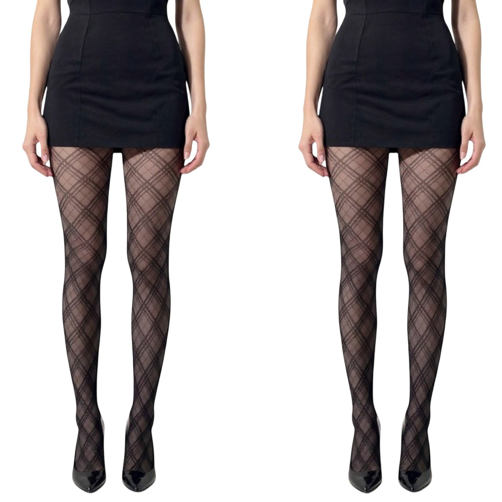 Anna-Kaci 2pcs Women's Sheer Plaid Pattern Tights with Stretch Fit and Elegant Mesh Design