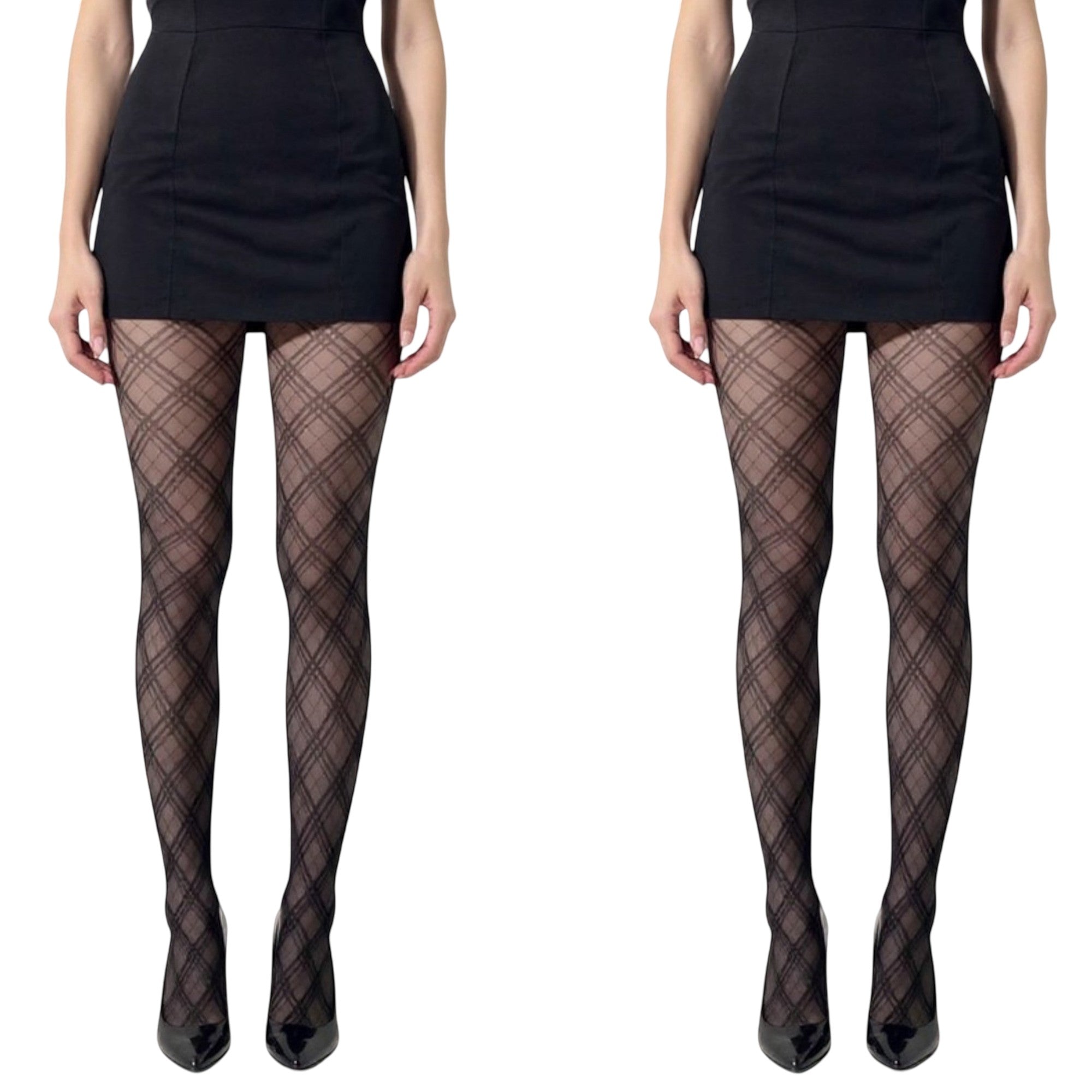 Anna-Kaci 2pcs Women's Sheer Plaid Pattern Tights with Stretch Fit and Elegant Mesh Design
