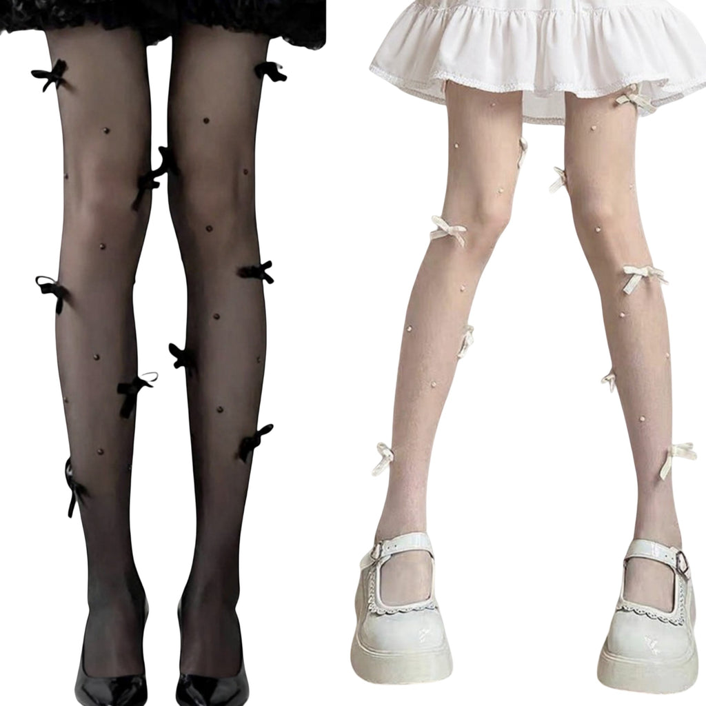 Anna-Kaci 2pcs Women's Sheer Tights with Bow Accents and Polka Dot Embellishments