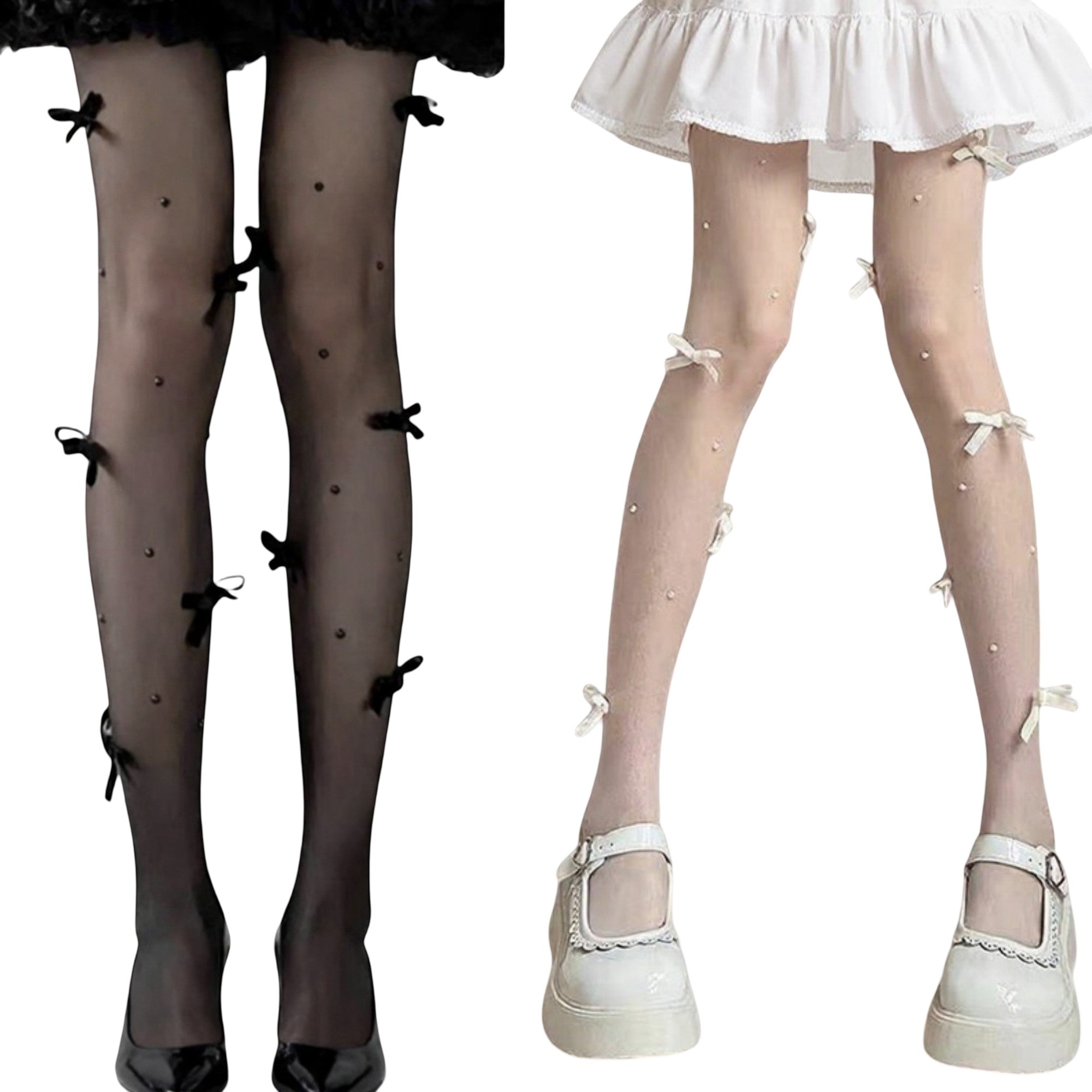 Anna-Kaci 2pcs Women's Sheer Tights with Bow Accents and Polka Dot Embellishments